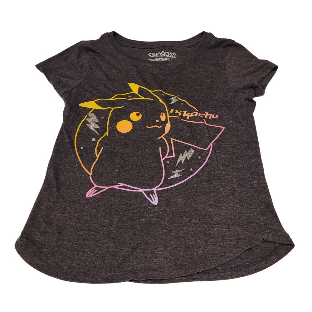 Pokemon Pikachu Graphic Tee Girls M 7-8 Charcoal Heather Glitter Lightning Bolt